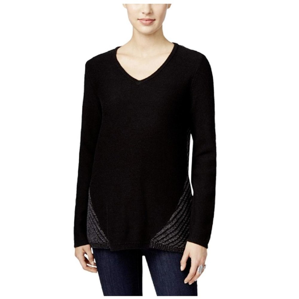 Style & Co. Cable-Knit V-Neck Sweater In Grey & Black, SIze XS Retail $49